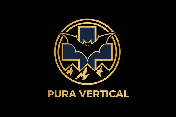 logo nuevo -  desde cero - debe ser - una cruz rellena de color azul marino solido - y al frente un simbolo de un murcielago volando como el de la empresa ( masiff espeología en slp )  y una montaña minimal acompañando el contexto 